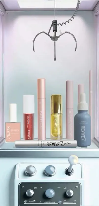 Elegant claw machine with beauty products on display.