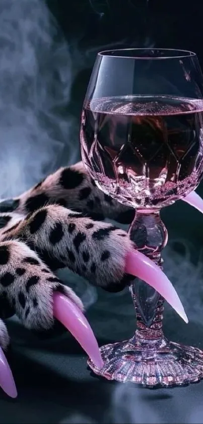 Leopard claw gripping a pink glass in smoke.