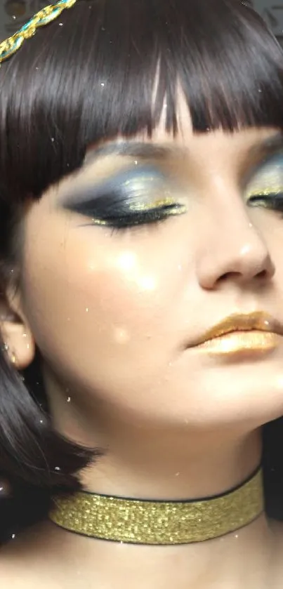 Cleopatra inspired portrait with gold makeup and choker.