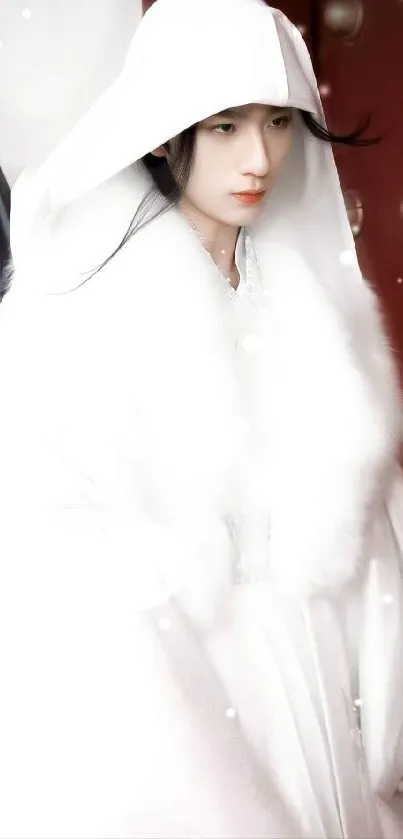 Elegant figure in a white cloak with a traditional backdrop.