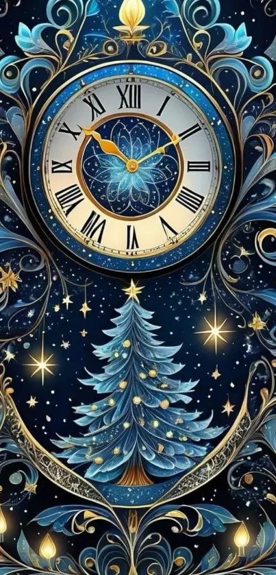 Elegant clock and tree design wallpaper.