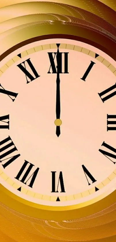 A golden clock face with Roman numerals on a decorative mobile wallpaper.