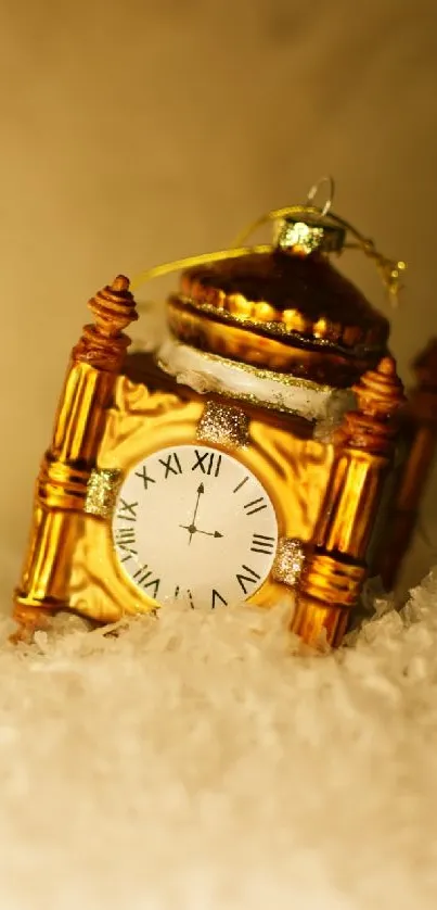 Golden vintage clock with Roman numerals on a snowy background.