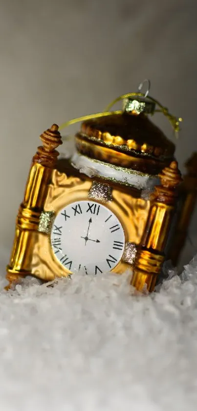 Golden clock ornament in snowy background wallpaper.