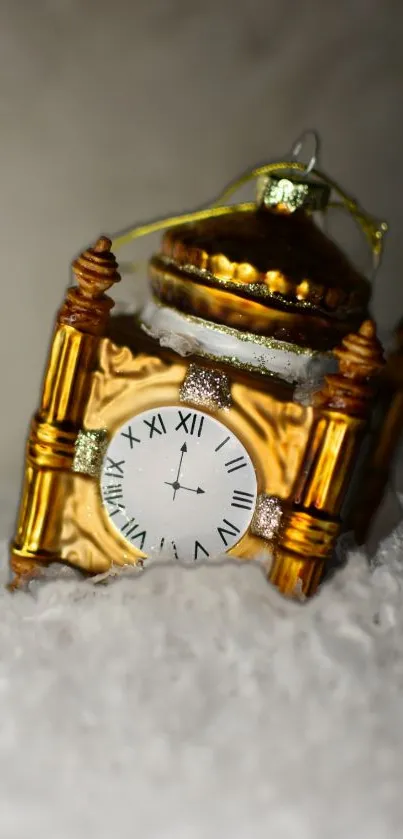 Golden clock ornament on snow-covered surface.