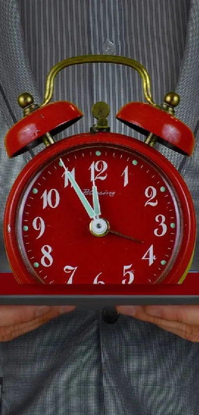 Businessman holding red alarm clock with clock background.