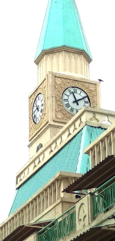 Turquoise clock tower with intricate architecture.