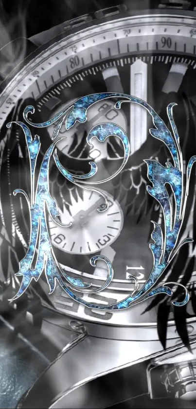 Elegant clock wallpaper with intricate blue design on silver background.