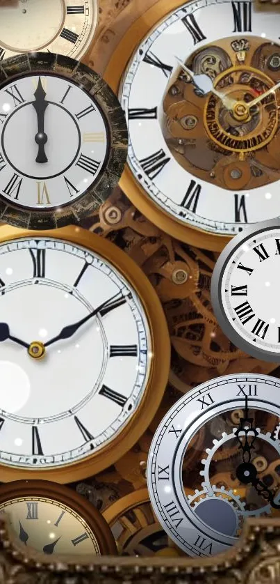 Collection of vintage clock faces with mechanical designs and gold accents.