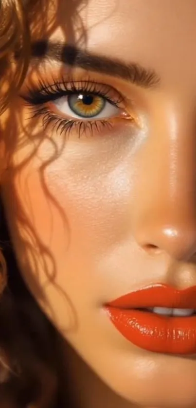 Close-up portrait of a woman with curly hair and orange lips.
