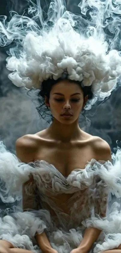 Woman in clouds portrait with ethereal aesthetic.