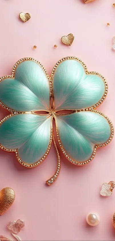 Elegant four-leaf clover with gold accents on a pink background.