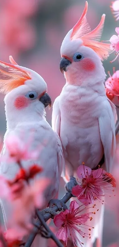Two pink parrots in cherry blossoms wallpaper.