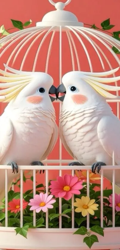 Elegant cockatoos perched in a decorative cage with flowers and leaves.