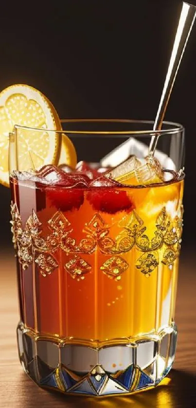 Elegant cocktail glass with orange garnish on wooden table.