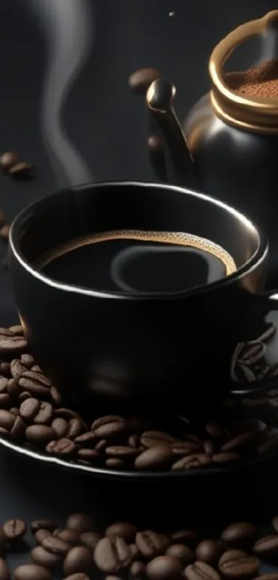 Steaming coffee cup with beans and kettle on a dark background.