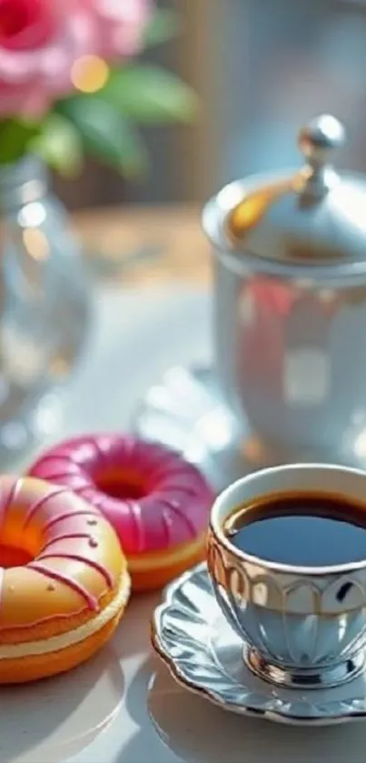 Elegant coffee setup with donuts and teapot.