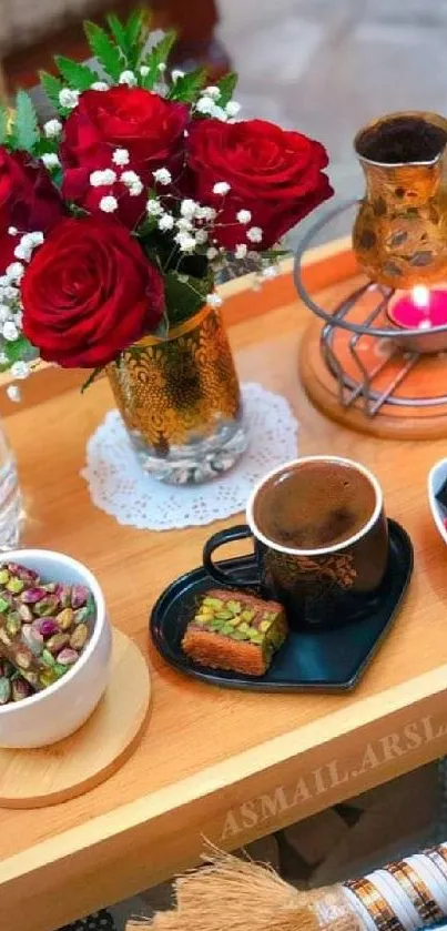 Elegant coffee setup with roses and dessert on a wooden tray.