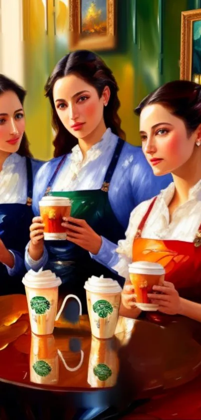 Three women enjoying coffee in an artistic, vintage-style setting.