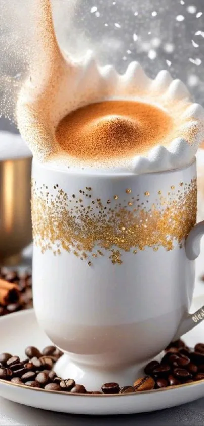 Elegant coffee cup with foam and beans