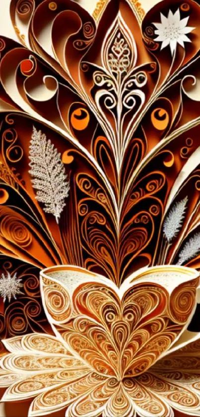 Intricate coffee-inspired art with swirls and elegant patterns in shades of brown.