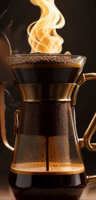 Elegant coffee pot with steam in a warm, dark brown setting.