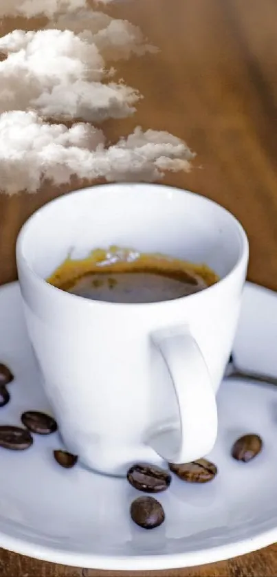 White coffee cup and beans on a wooden table.