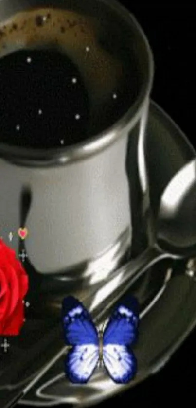 Shiny coffee cup with red rose and blue butterfly on black background.