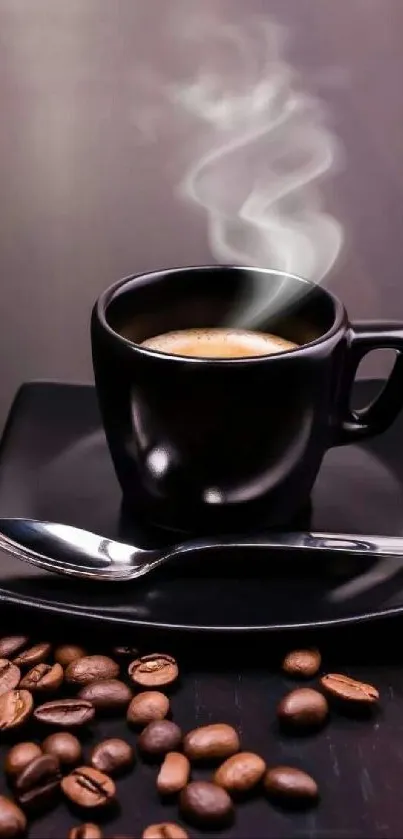 Steaming coffee cup with beans on a sleek background.