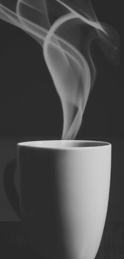 Black and white coffee cup with swirling steam in monochrome style.