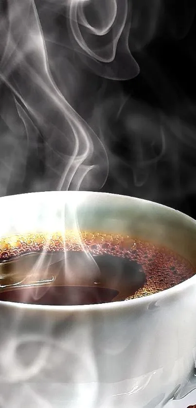 Steaming coffee cup with steam on a dark background, perfect for phone wallpaper.