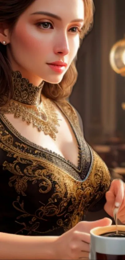 Elegant woman with coffee in a luxurious setting, gold embroidery.