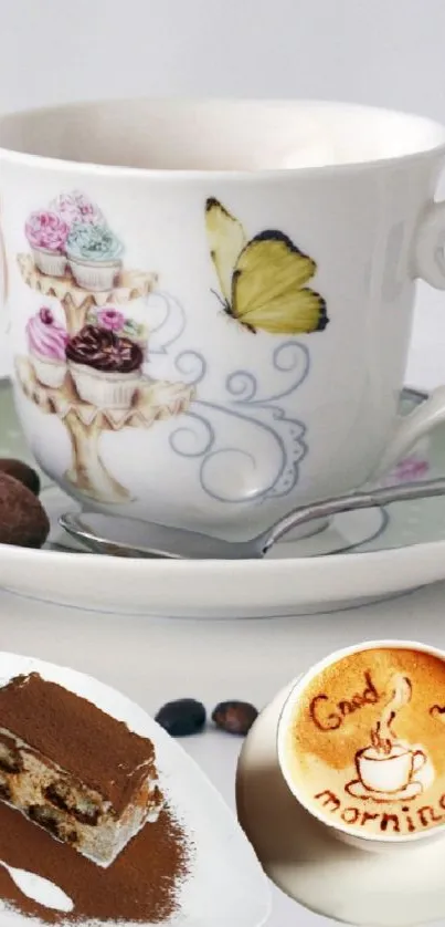 Elegant cup with floral design, tulip, coffee beans, and dessert on a white background.