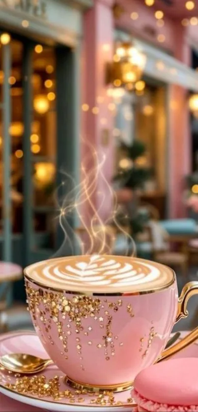 Chic pink coffee cup with steaming latte art in a stylish cafe setting.