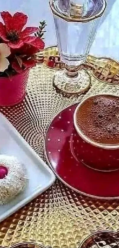 Elegant coffee setup with red cup on a gold tray.