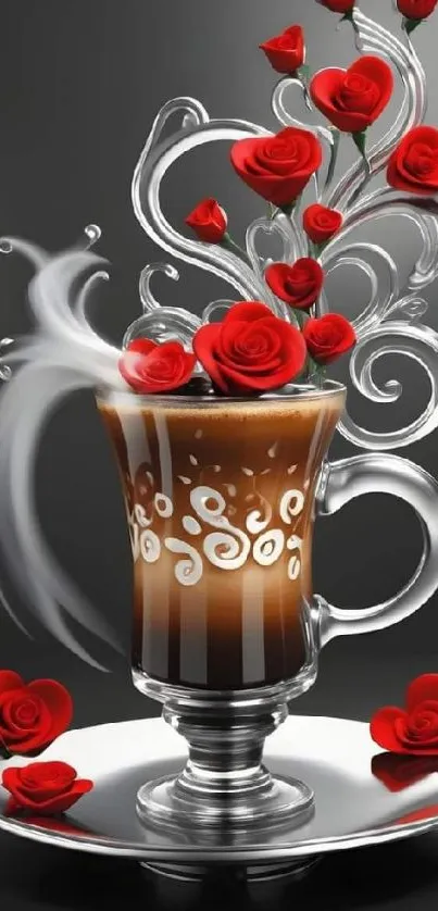 Elegant coffee cup with swirling red roses.