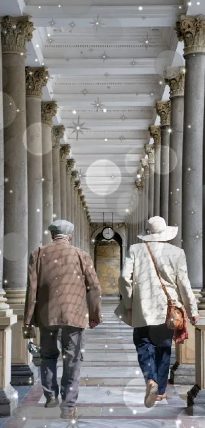 Two people walking in an elegant colonnade with bokeh overlay.