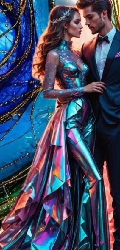 Elegant couple in colorful, artistic attire.