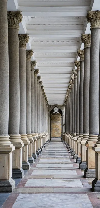 Elegant, symmetrical stone column hallway in neutral tones.