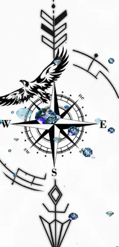 Black and white compass with eagle mobile wallpaper design.