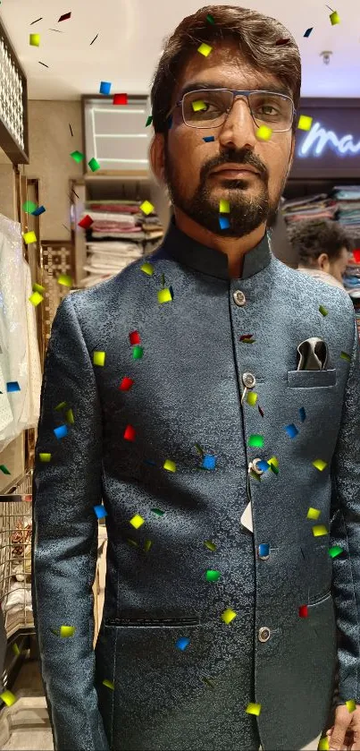 Man in blue suit with confetti amid vibrant fabrics.