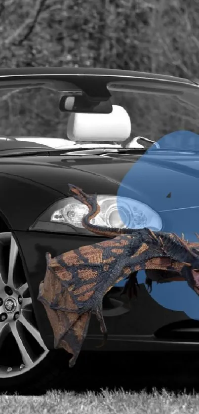 Convertible car with blue dragon art overlay on monochrome background.