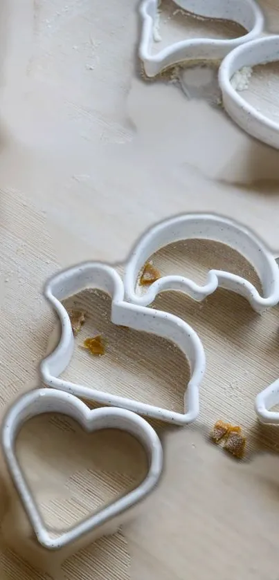 Light beige wallpaper with cookie cutters on wood.