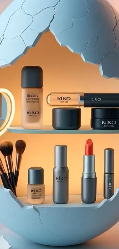 Elegant makeup set displayed inside a cracked eggshell for a chic wallpaper.
