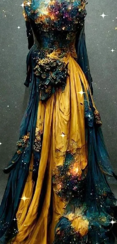 Elegant cosmic-inspired gown with golden yellow and dark accents in a vibrant design.