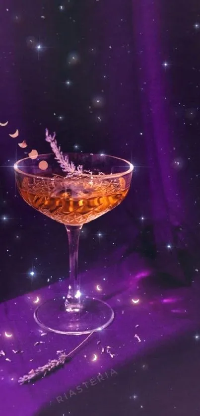 Elegant cocktail with lavender and starry purple backdrop wallpaper.