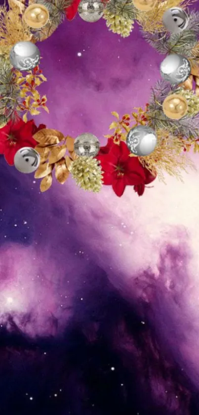 Festive wreath on a cosmic purple background with ornaments and flowers.