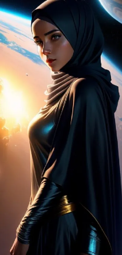 Elegant woman in dark cloak with cosmic background.