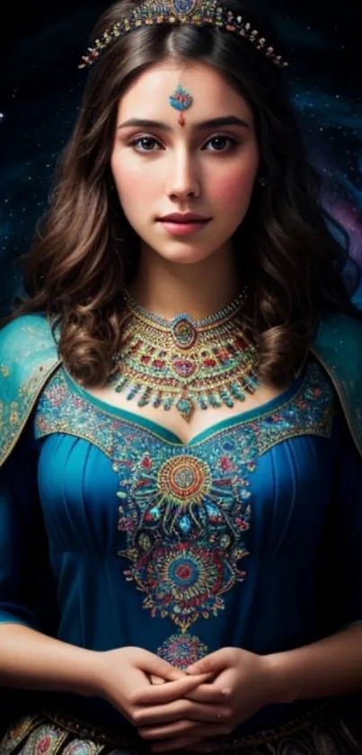 Princess in blue with cosmic background and jewelry.