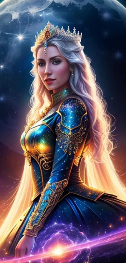 A regal cosmic princess with flowing dress against a celestial background.